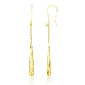 14k Yellow Gold Long Chain Drop Earrings with Diamond Cut Teardrops