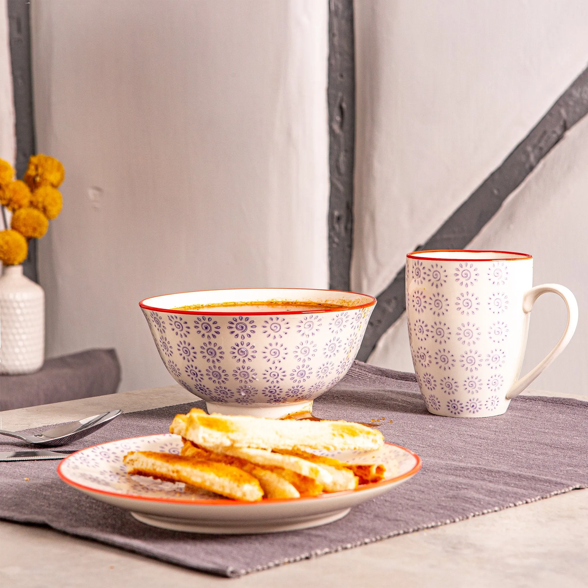 16cm Hand Printed China Cereal Bowls - Pack of Six - By Nicola Spring