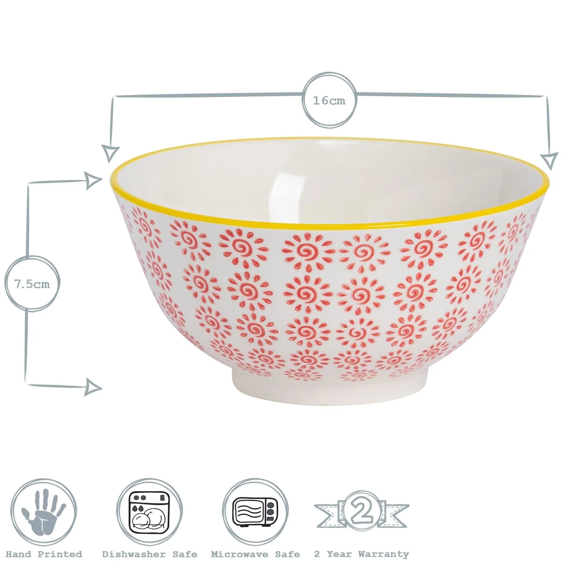 16cm Hand Printed China Cereal Bowls - Pack of Six - By Nicola Spring