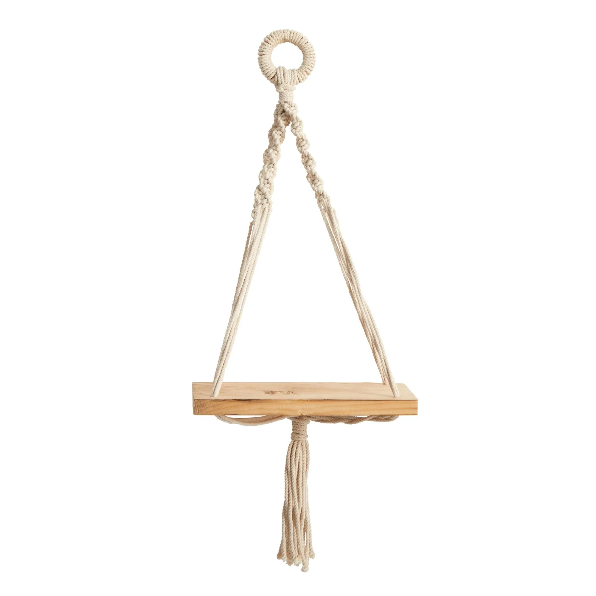 18" Boho Chic Wood Macrame Single Shelf Wall Art Decor"
