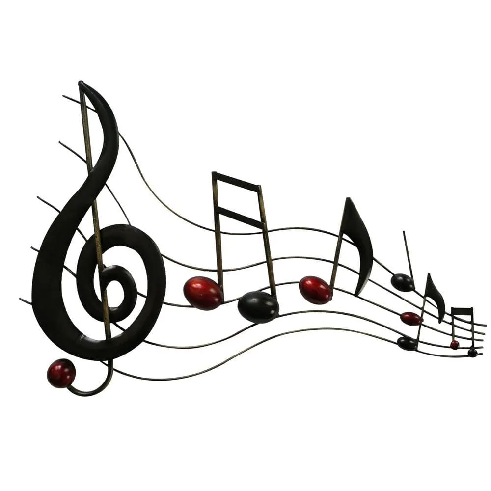 26 Inch Handmade Metal Wall Mount Accent Decor with Musical Notes and Treble Clef, Black, Red By Casagear Home