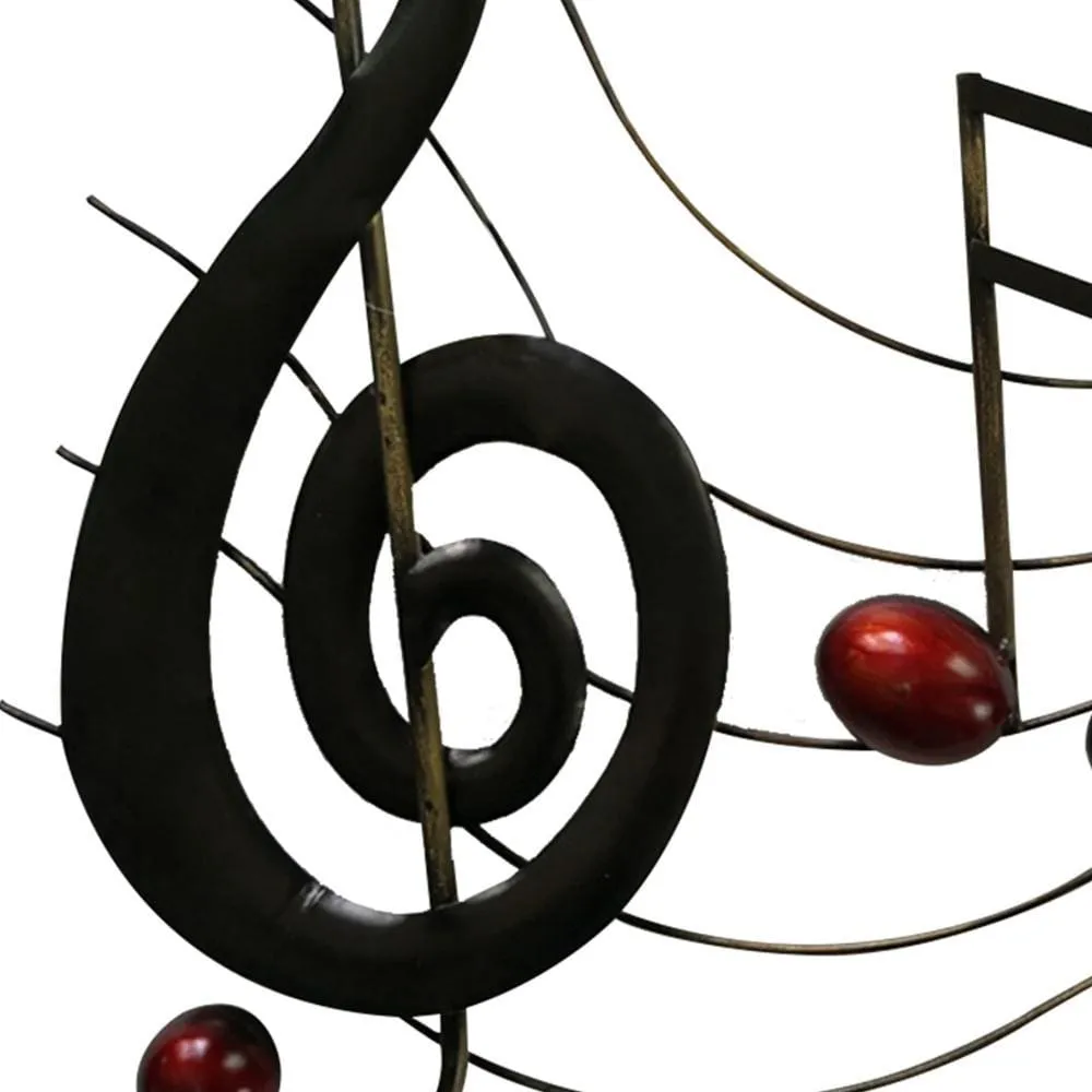 26 Inch Handmade Metal Wall Mount Accent Decor with Musical Notes and Treble Clef, Black, Red By Casagear Home