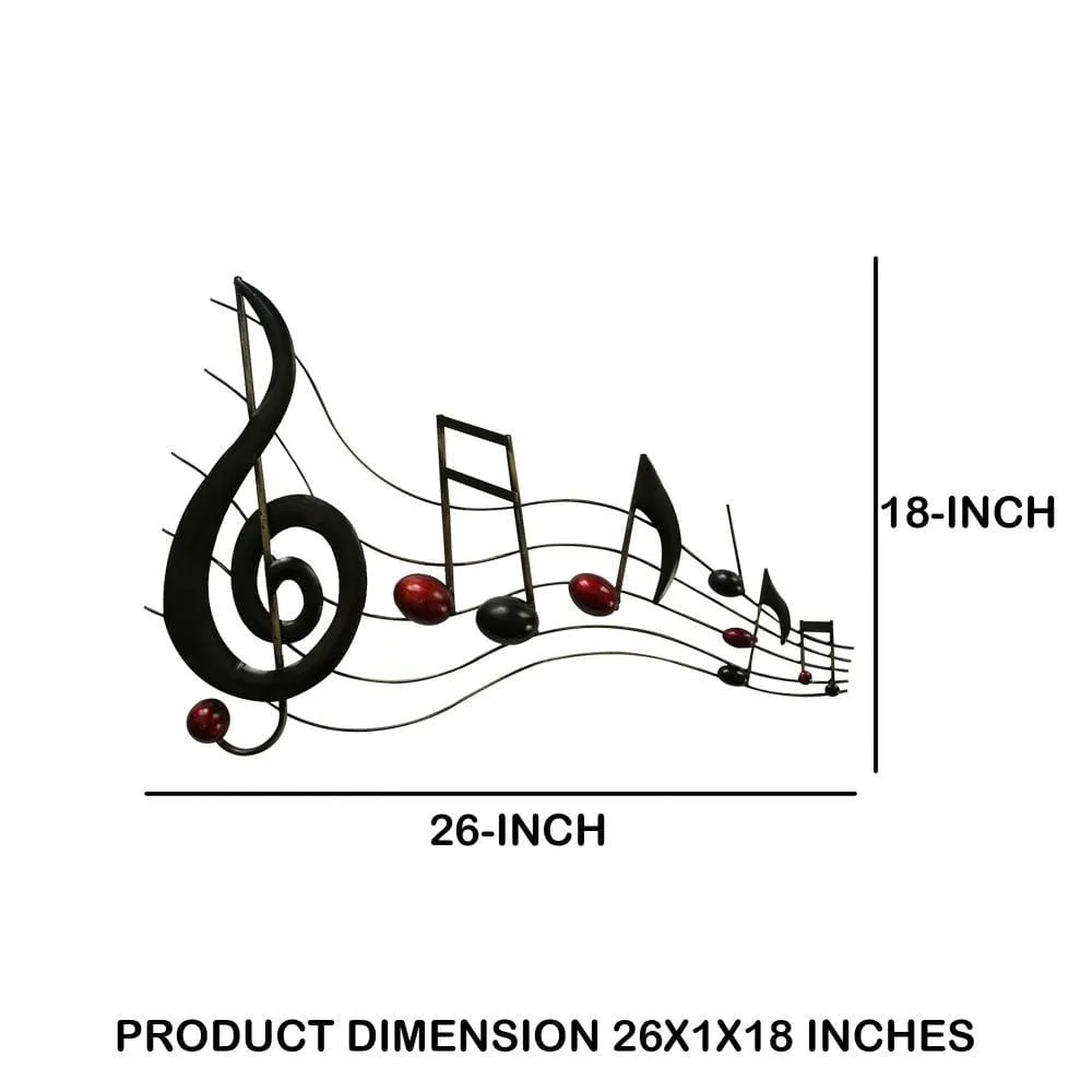 26 Inch Handmade Metal Wall Mount Accent Decor with Musical Notes and Treble Clef, Black, Red By Casagear Home