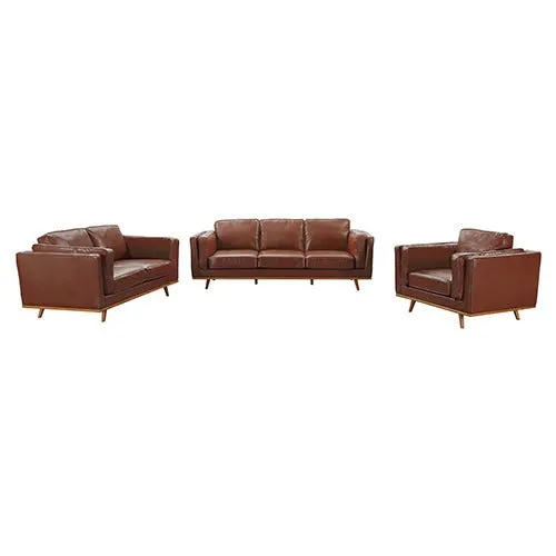 3 2 Seater Brown Leather Sofa Lounge Set With Wooden Frame