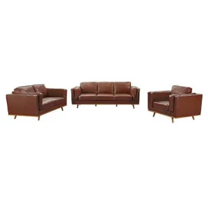 3 2 Seater Brown Leather Sofa Lounge Set With Wooden Frame