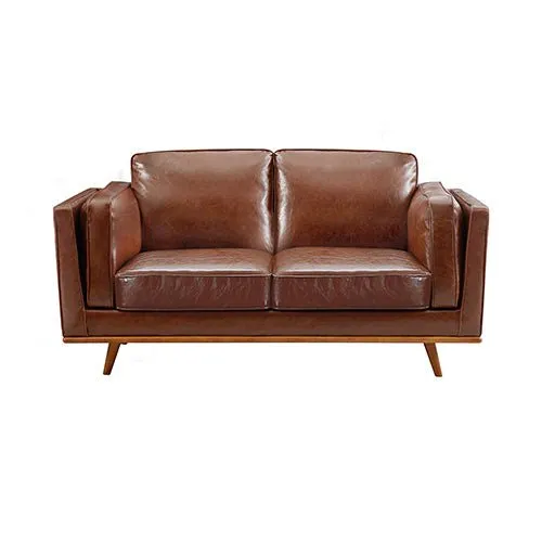 3 2 Seater Brown Leather Sofa Lounge Set With Wooden Frame