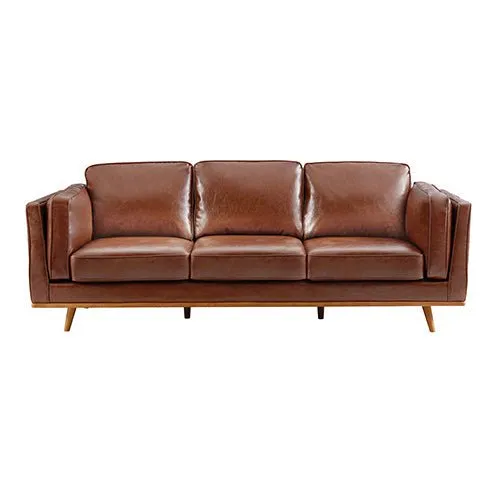 3 2 Seater Brown Leather Sofa Lounge Set With Wooden Frame