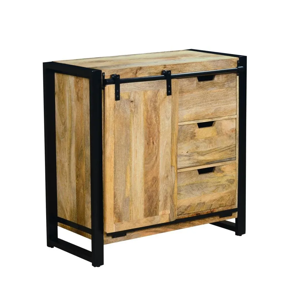 35 Inch 3 Drawer Storage Cabinet, 1 Barn Sliding Door, Mango Wood, Brown and Black By The Urban Port