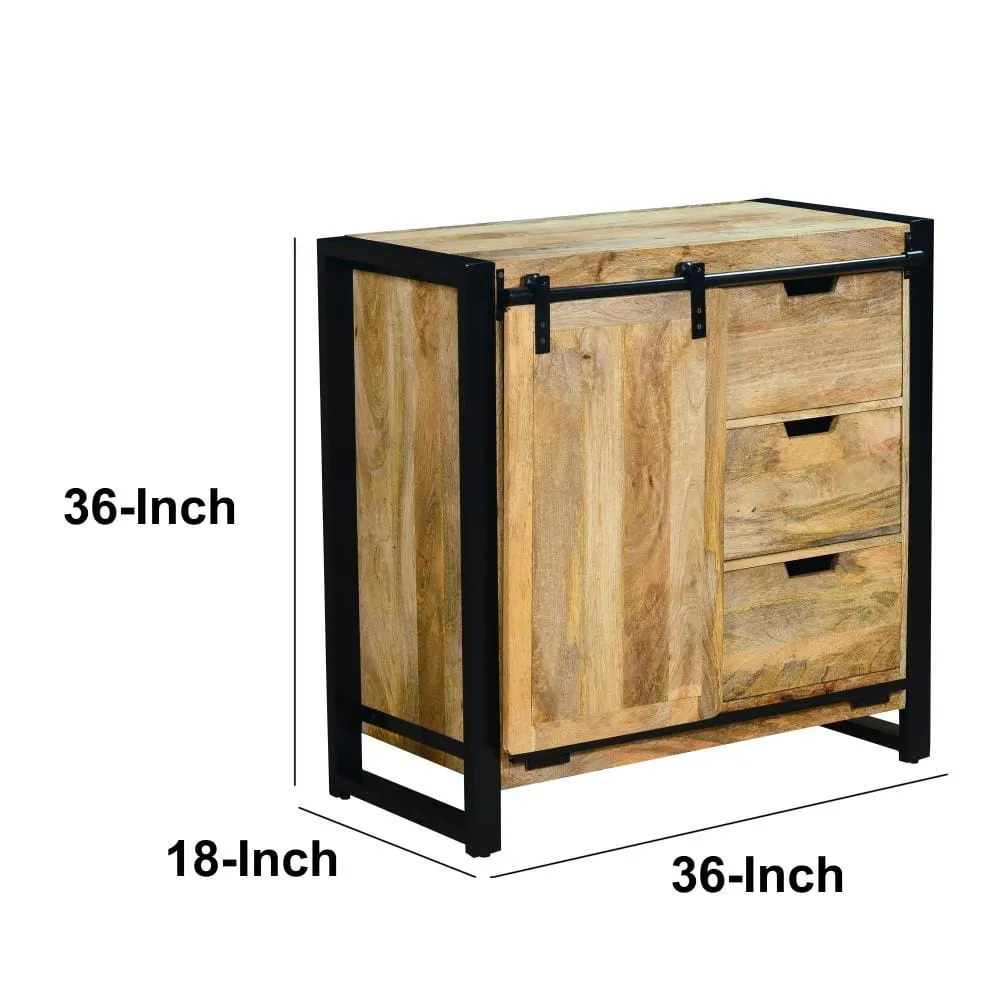 35 Inch 3 Drawer Storage Cabinet, 1 Barn Sliding Door, Mango Wood, Brown and Black By The Urban Port