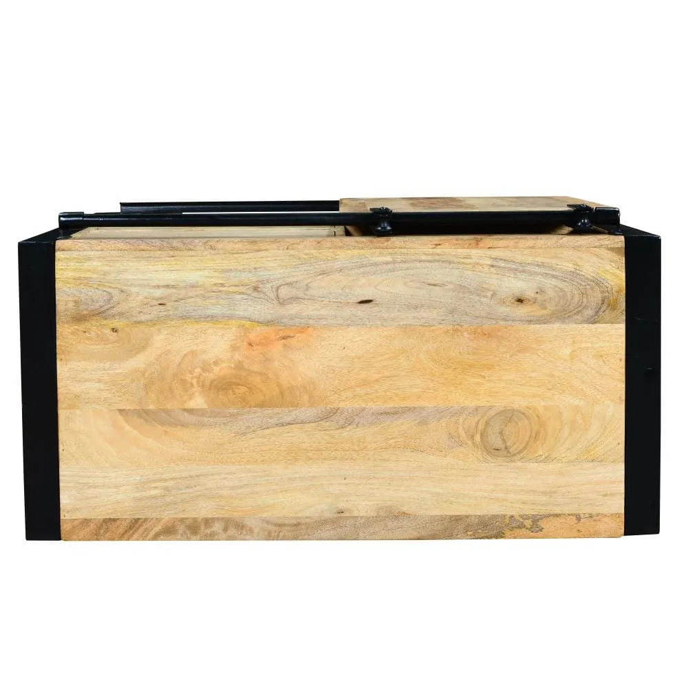 35 Inch 3 Drawer Storage Cabinet, 1 Barn Sliding Door, Mango Wood, Brown and Black By The Urban Port