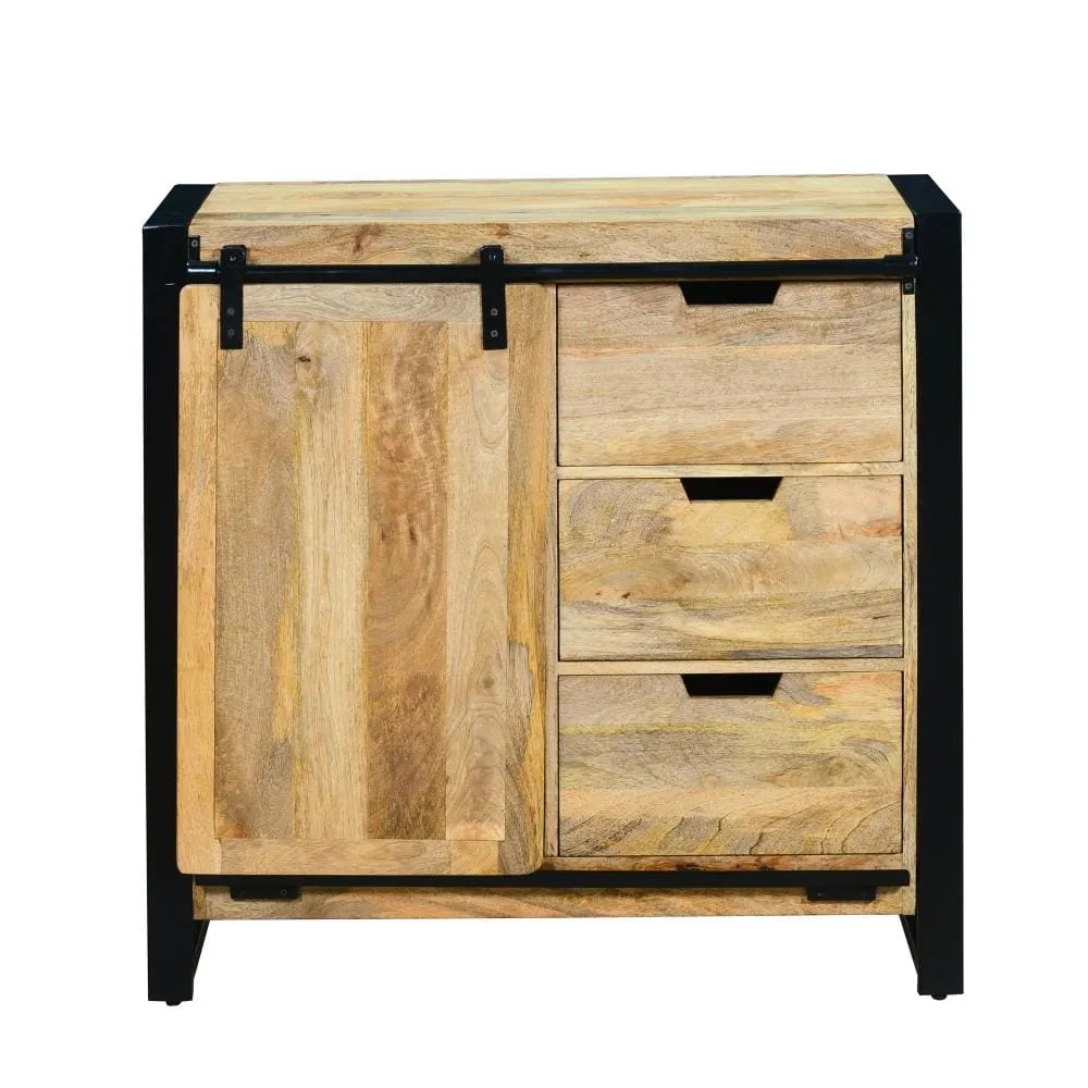 35 Inch 3 Drawer Storage Cabinet, 1 Barn Sliding Door, Mango Wood, Brown and Black By The Urban Port