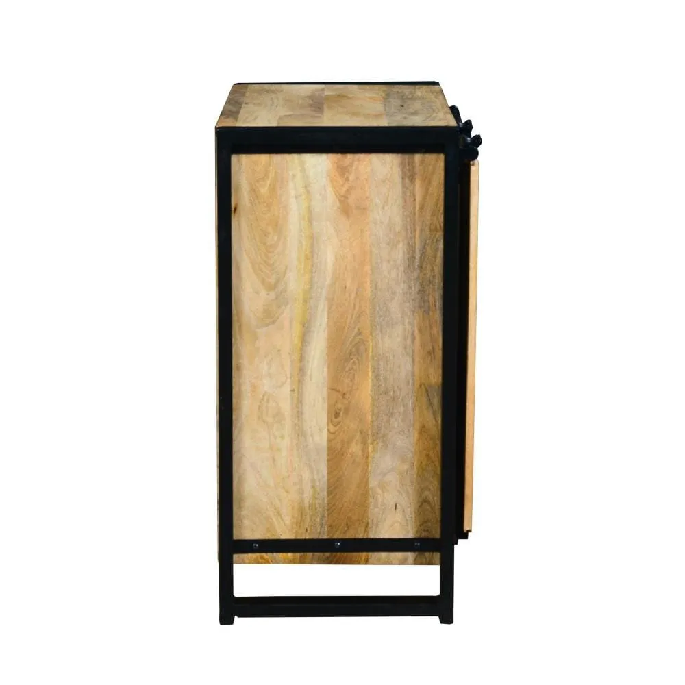 35 Inch 3 Drawer Storage Cabinet, 1 Barn Sliding Door, Mango Wood, Brown and Black By The Urban Port