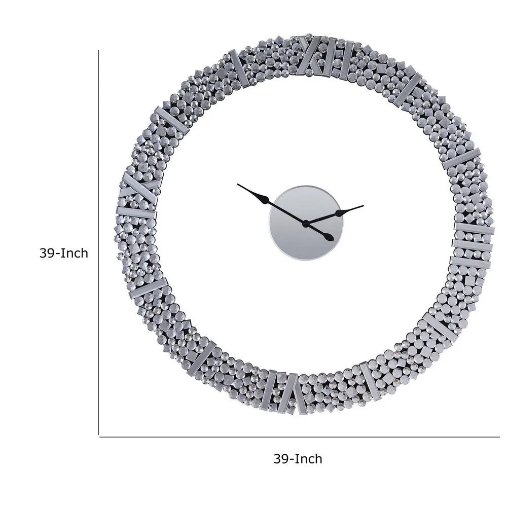 39 Inch Modern Analog Wall Clock, Faux Gem Inlay, Quartz, Silver By Casagear Home