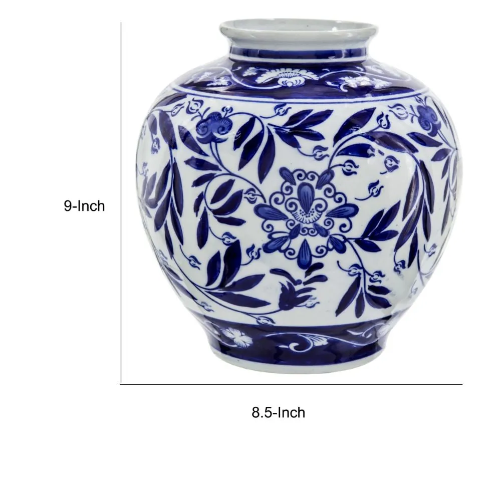 9 Inch Porcelain Vase, Blue Persian Print, Curved Shape, Flared Opening By Casagear Home