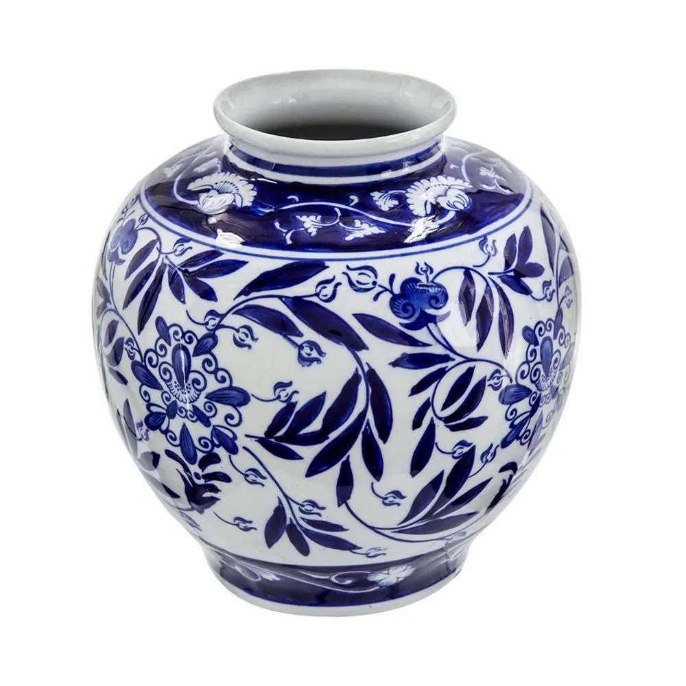 9 Inch Porcelain Vase, Blue Persian Print, Curved Shape, Flared Opening By Casagear Home