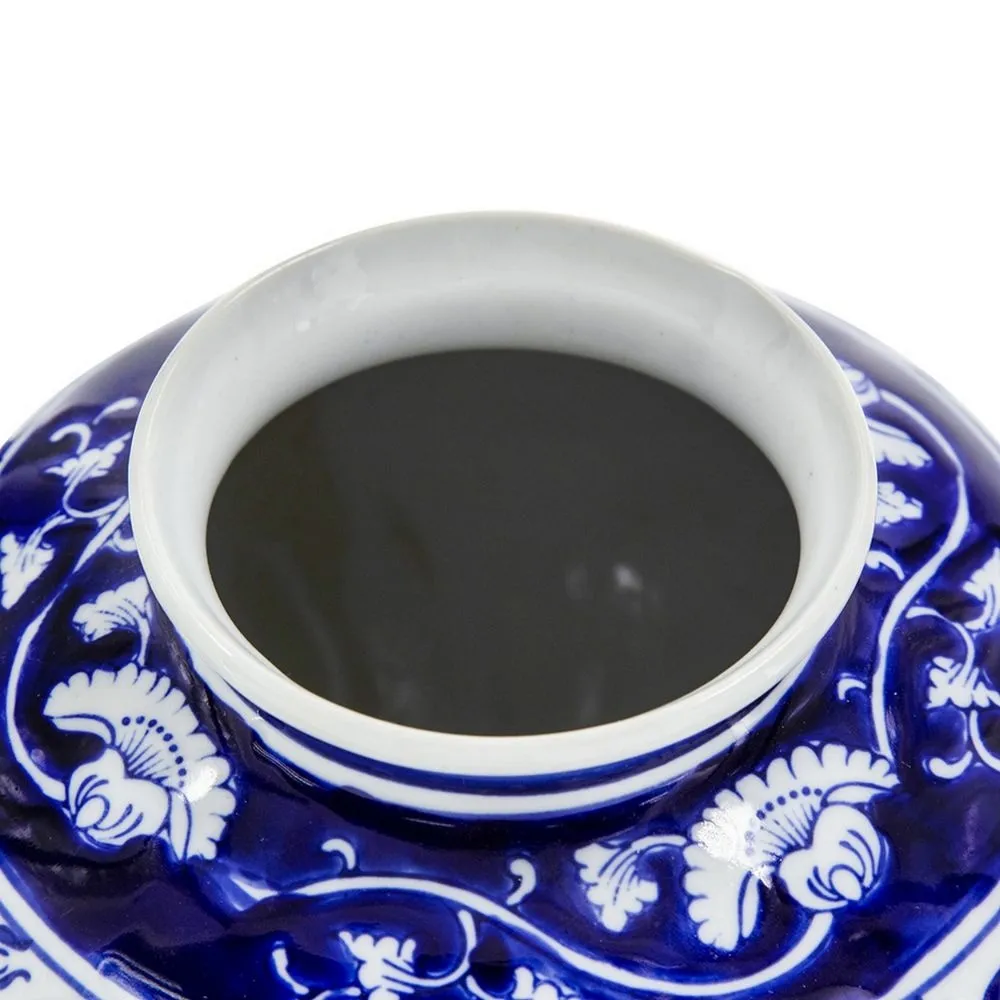 9 Inch Porcelain Vase, Blue Persian Print, Curved Shape, Flared Opening By Casagear Home