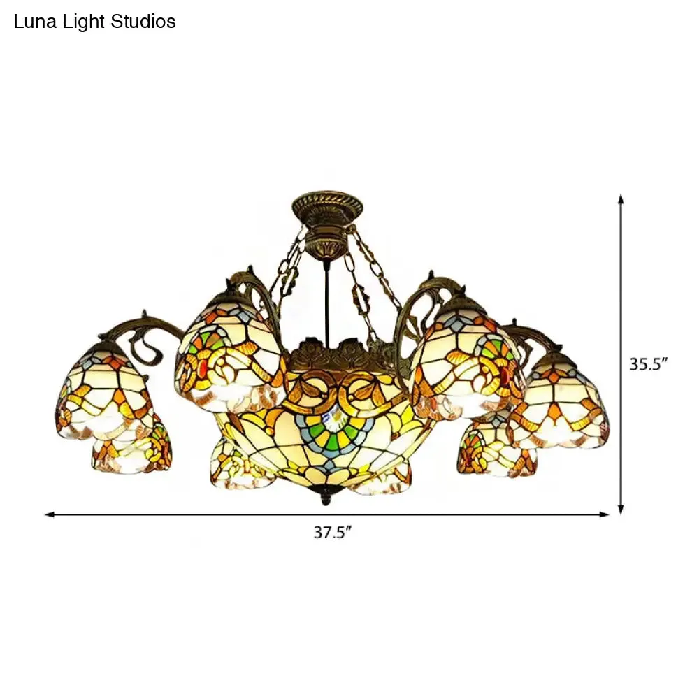 9-Light Stained Glass Chandelier with Dome and Bell Shades, Victorian Style for Living Rooms