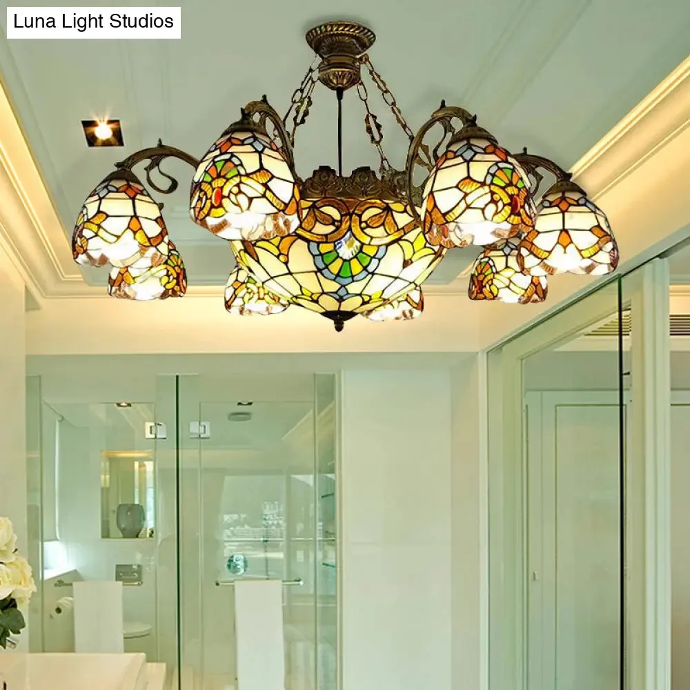 9-Light Stained Glass Chandelier with Dome and Bell Shades, Victorian Style for Living Rooms