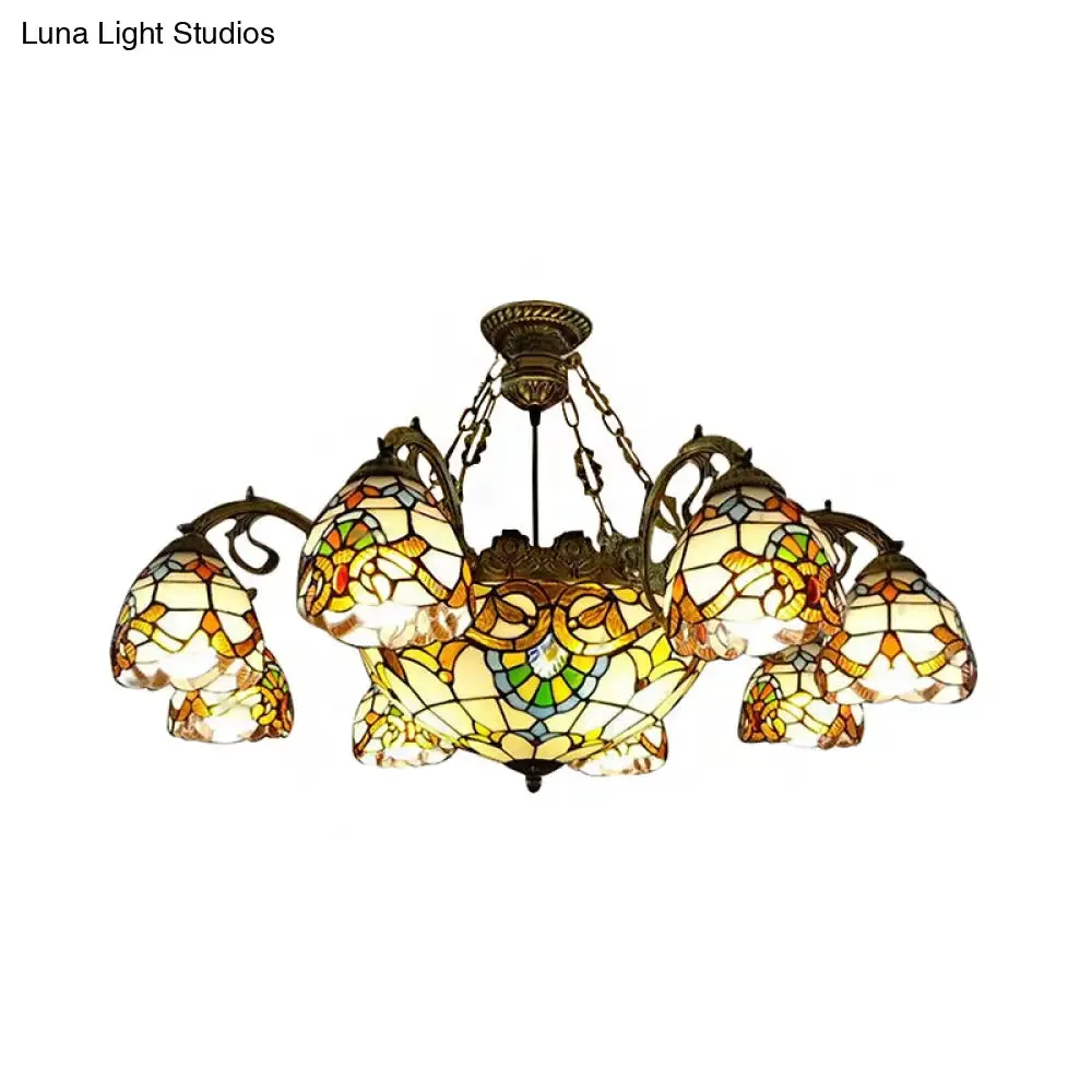 9-Light Stained Glass Chandelier with Dome and Bell Shades, Victorian Style for Living Rooms