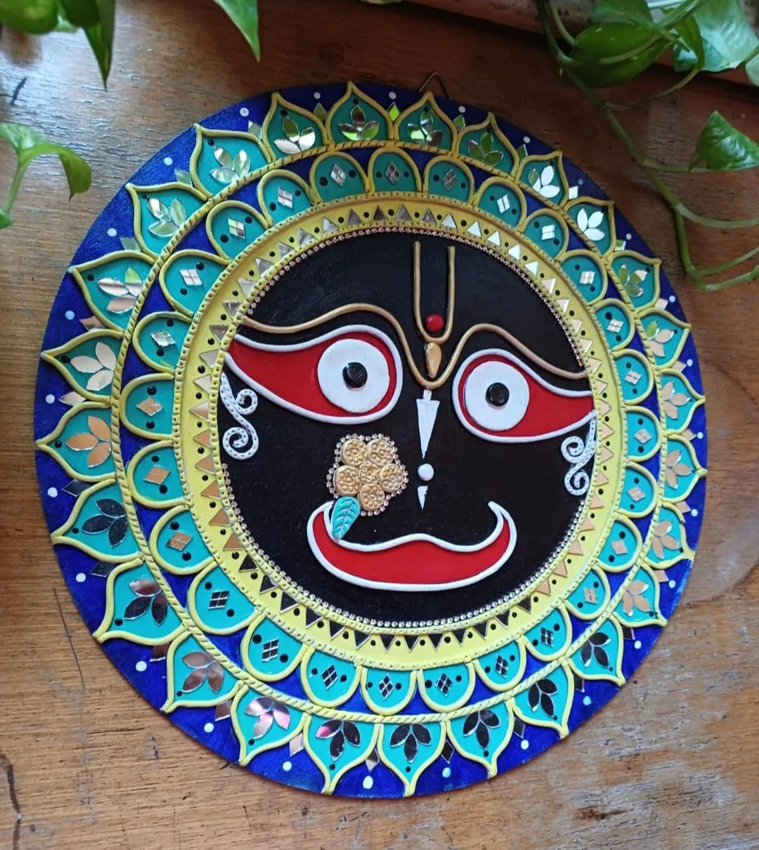 A Majestic Shreenathji Design on MDF Board with Mouldit Clay, Acrylic Paint, Mirrors – 12x12 Decorative Item