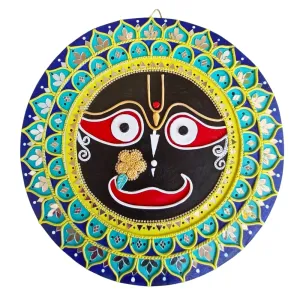 A Majestic Shreenathji Design on MDF Board with Mouldit Clay, Acrylic Paint, Mirrors – 12x12 Decorative Item