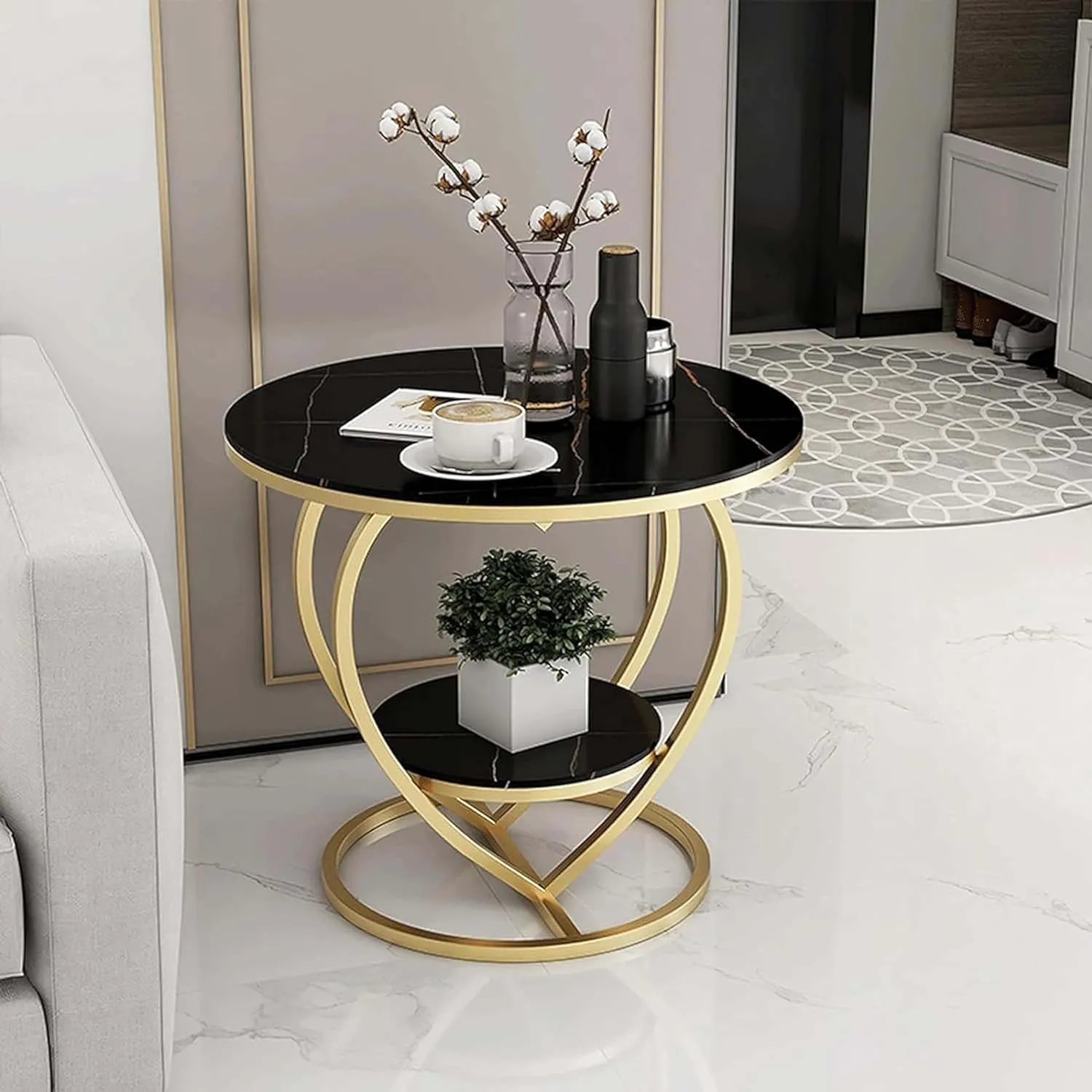 Abroshine Art Modern nightstand Ends, Love Ends Tables Tables for Coffee, Little Side Tables Corner Table, Round Table, Bedside Table, Sofa in The Living Room-Black Gold