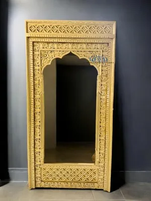 A.M INTERNATIONAL Wooden Carved Wall Mirror Frame, Jharoka Solid Wood, Antique gold finish | with Out Mirror | Size 6 * 3 ft White Distress (Antique Gold, 5x3)