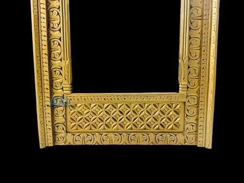 A.M INTERNATIONAL Wooden Carved Wall Mirror Frame, Jharoka Solid Wood, Antique gold finish | with Out Mirror | Size 6 * 3 ft White Distress (Antique Gold, 5x3)