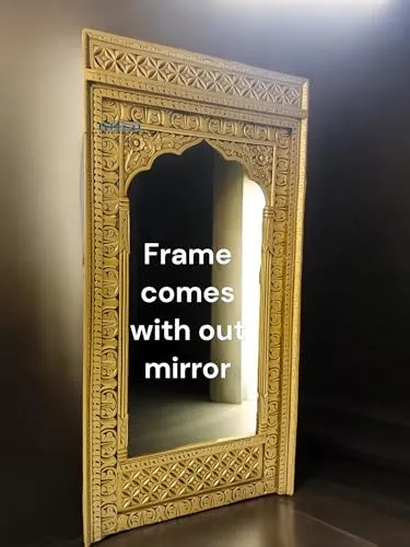 A.M INTERNATIONAL Wooden Carved Wall Mirror Frame, Jharoka Solid Wood, Antique gold finish | with Out Mirror | Size 6 * 3 ft White Distress (Antique Gold, 5x3)
