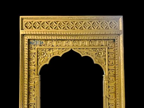 A.M INTERNATIONAL Wooden Carved Wall Mirror Frame, Jharoka Solid Wood, Antique gold finish | with Out Mirror | Size 6 * 3 ft White Distress (Antique Gold, 5x3)