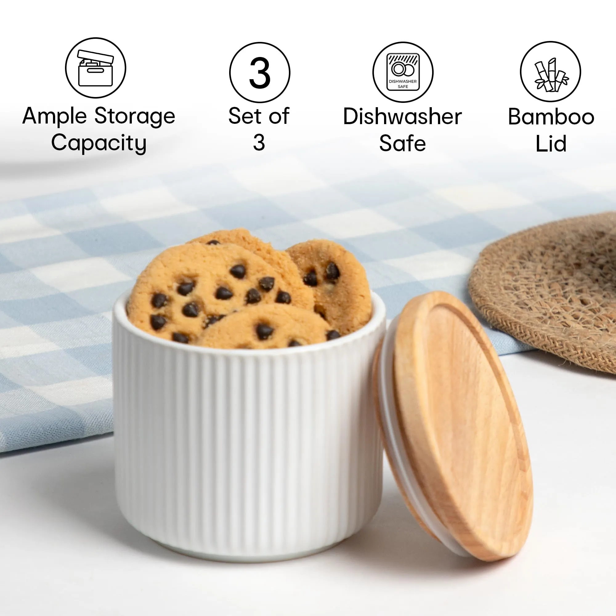 Anko 400ml Stoneware Ceramic Jars for Kitchen Storage | Container Set for Kitchen with Rubberwood Lid & Silicone Ring | Kitchen Container for Snacks, Tea, Sugar | Black | Set of 3