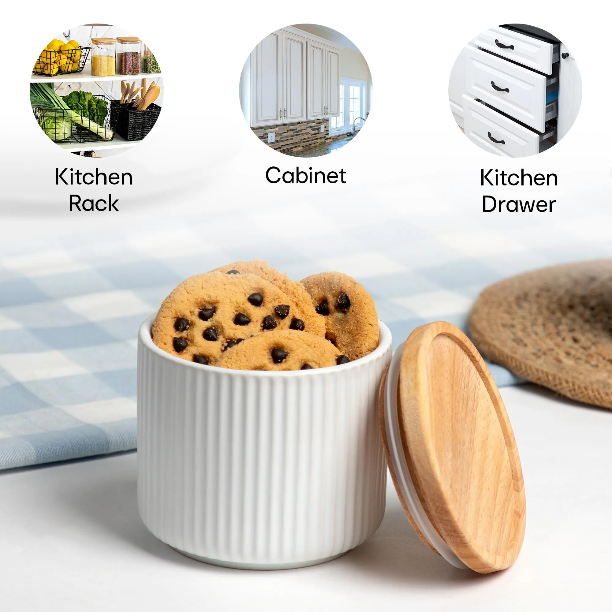 Anko 400ml Stoneware Ceramic Jars for Kitchen Storage | Container Set for Kitchen with Rubberwood Lid & Silicone Ring | Kitchen Container for Snacks, Tea, Sugar | Black | Set of 3