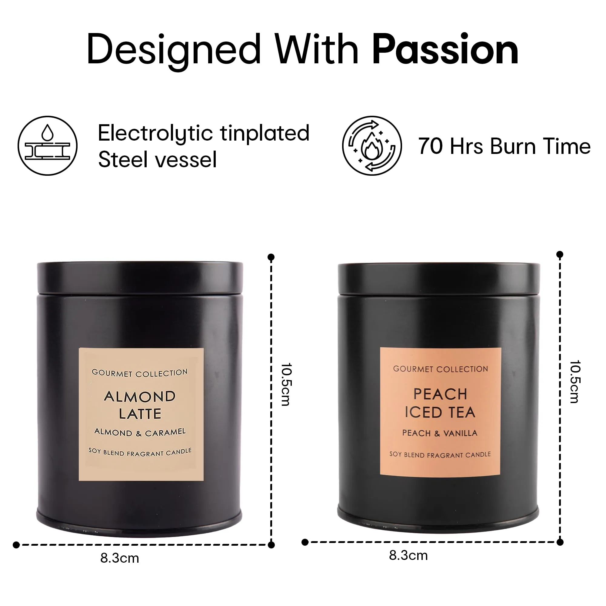 Anko Scented Gourmet Candle with Metal lid | Home Fragrance | Scented Candles for Home Décor | Soy & Paraffin Wax Blend Scented Candle in Steel Container | Almond Latte and Peach Vanilla | Pack of 2