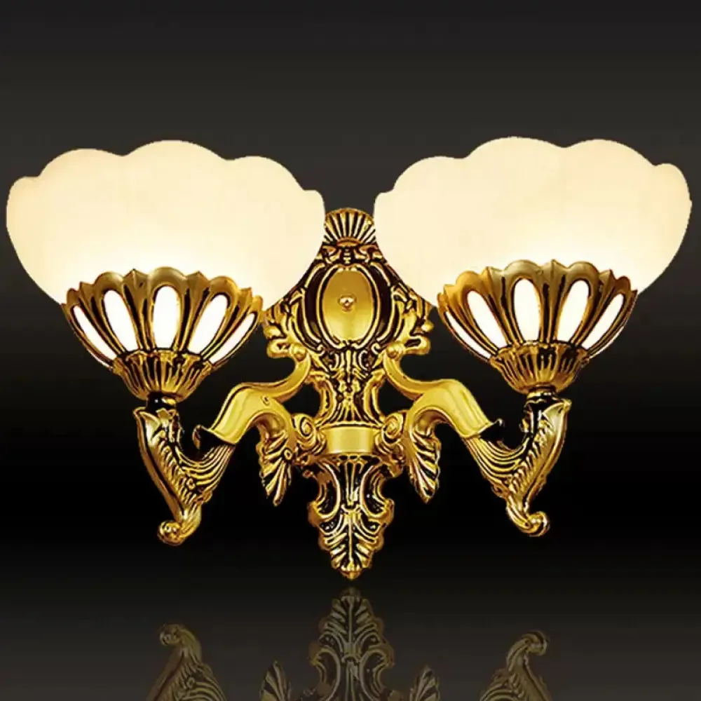 Antique Bronze Scalloped Glass Wall Mount Light - 2 Head Living Room Lighting