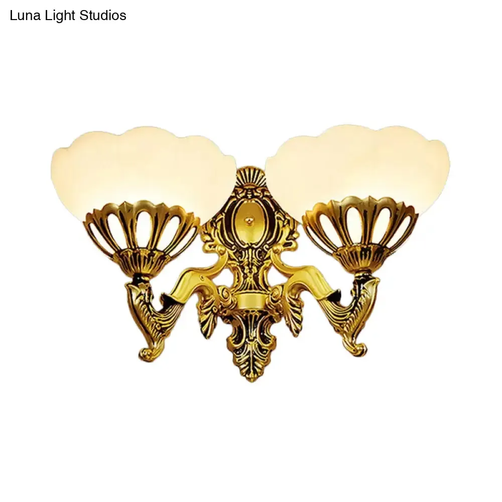 Antique Bronze Scalloped Glass Wall Mount Light - 2 Head Living Room Lighting