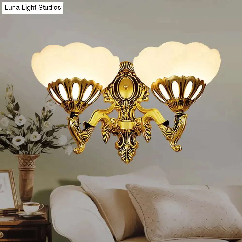 Antique Bronze Scalloped Glass Wall Mount Light - 2 Head Living Room Lighting