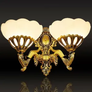 Antique Bronze Scalloped Glass Wall Mount Light - 2 Head Living Room Lighting