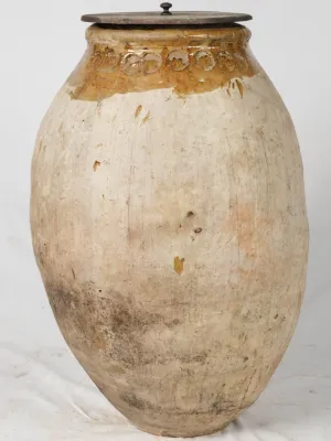 Antique Frejus Jar w/ Ochre Glaze, Maker's Stamps and Wooden Lid 39"