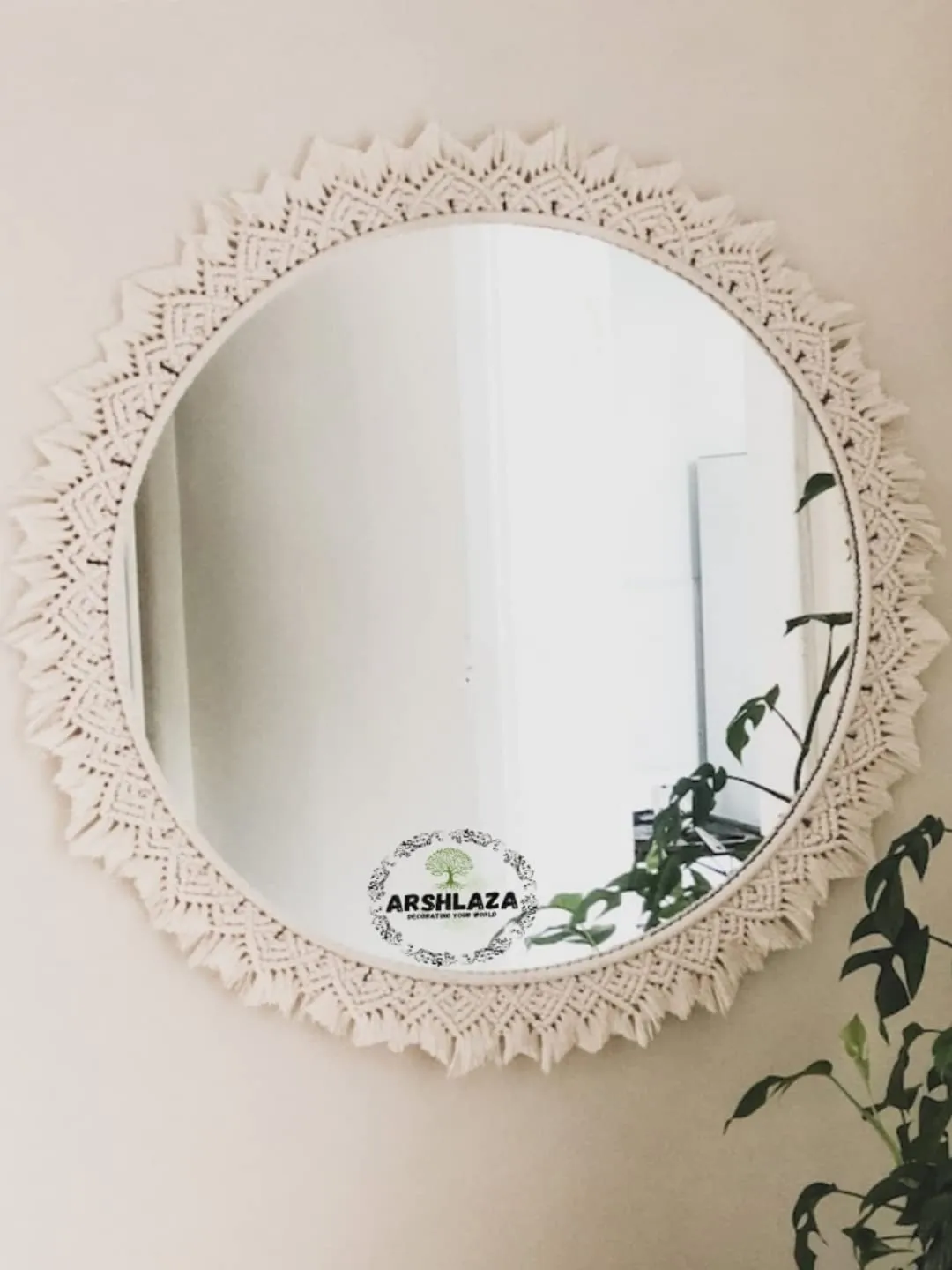 ARSHLAZA Macrame Hanging Wall Mirror with Macrame Round Mirror Art Boho Decor Macrame Decorative Mirror [M21] Framed, White