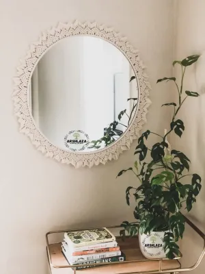 ARSHLAZA Macrame Hanging Wall Mirror with Macrame Round Mirror Art Boho Decor Macrame Decorative Mirror [M21] Framed, White