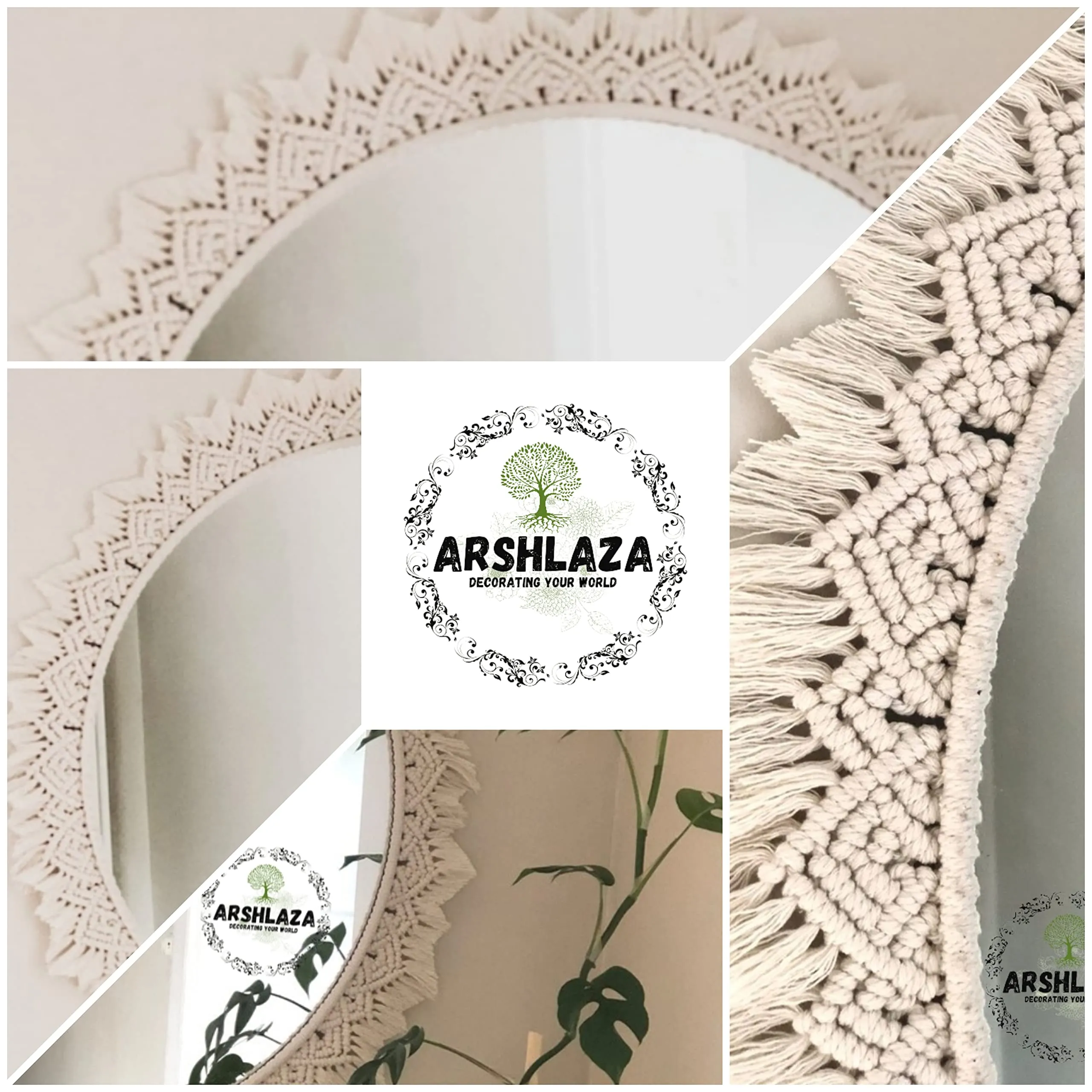 ARSHLAZA Macrame Hanging Wall Mirror with Macrame Round Mirror Art Boho Decor Macrame Decorative Mirror [M21] Framed, White