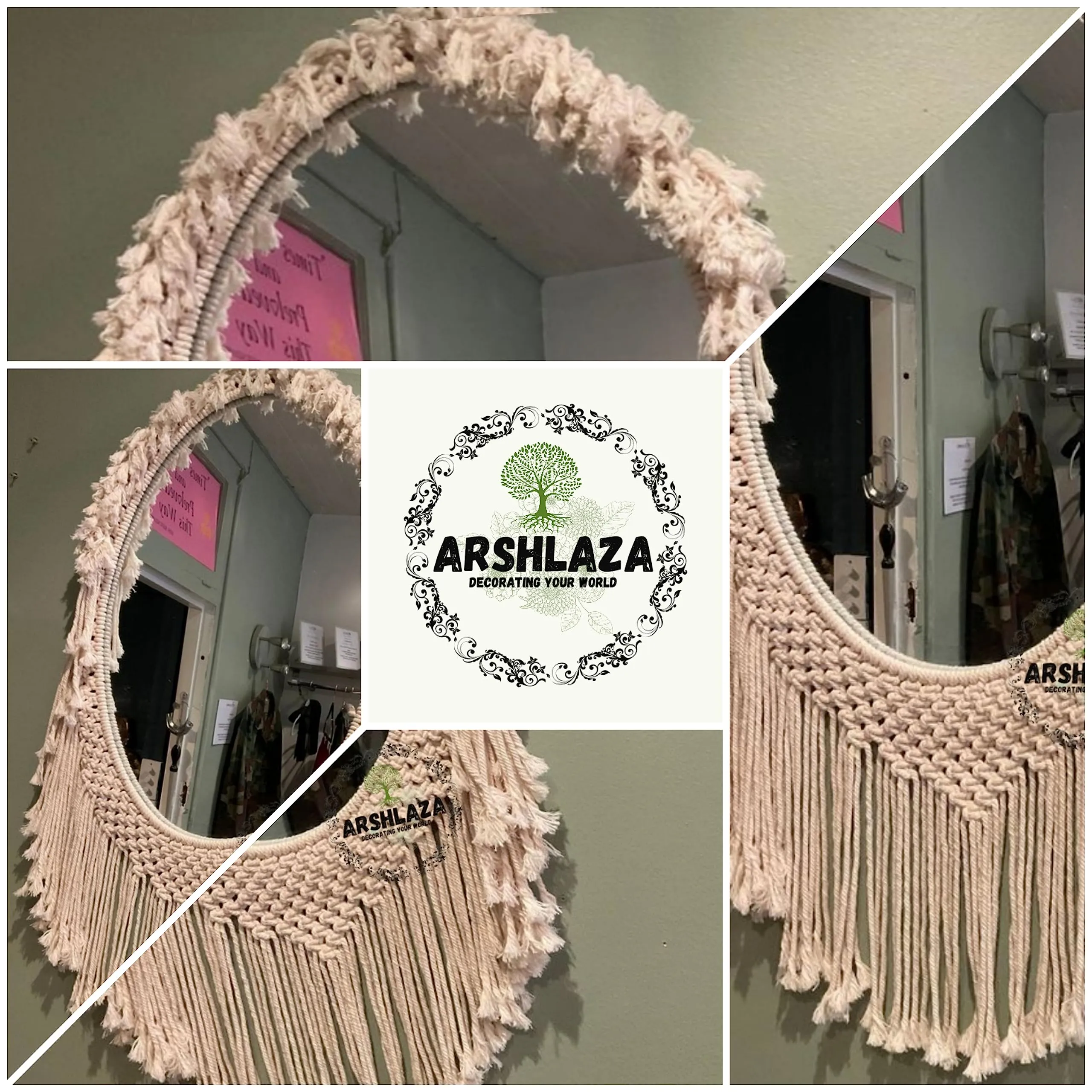 ARSHLAZA Macrame Hanging Wall Mirror with Macrame Round Mirror Art Boho Decor Macrame Decorative Mirror [M79]