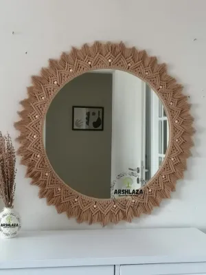 ARSHLAZA Macrame Hanging Wall Mirror with Macrame Round Mirror Art Boho Decor Macrame Decorative Mirror [MBRN01] Framed,