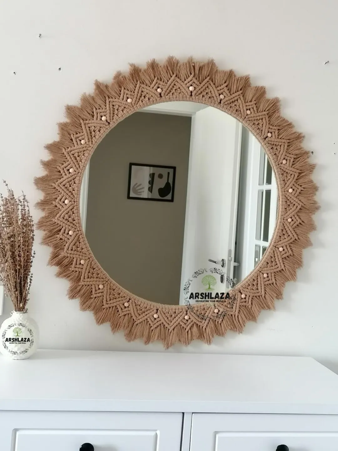 ARSHLAZA Macrame Hanging Wall Mirror with Macrame Round Mirror Art Boho Decor Macrame Decorative Mirror [MBRN01] Framed,