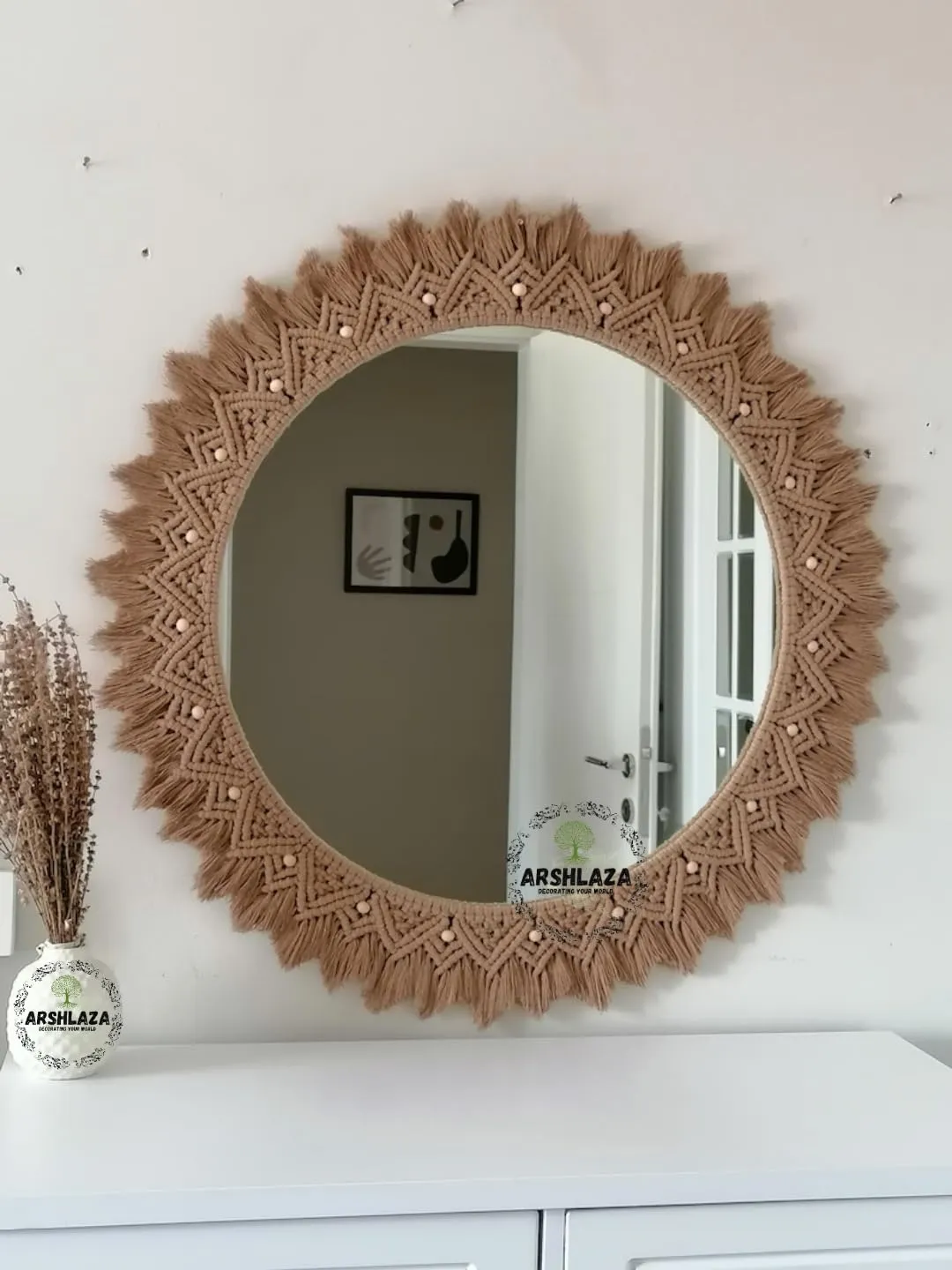 ARSHLAZA Macrame Hanging Wall Mirror with Macrame Round Mirror Art Boho Decor Macrame Decorative Mirror [MBRN01] Framed,
