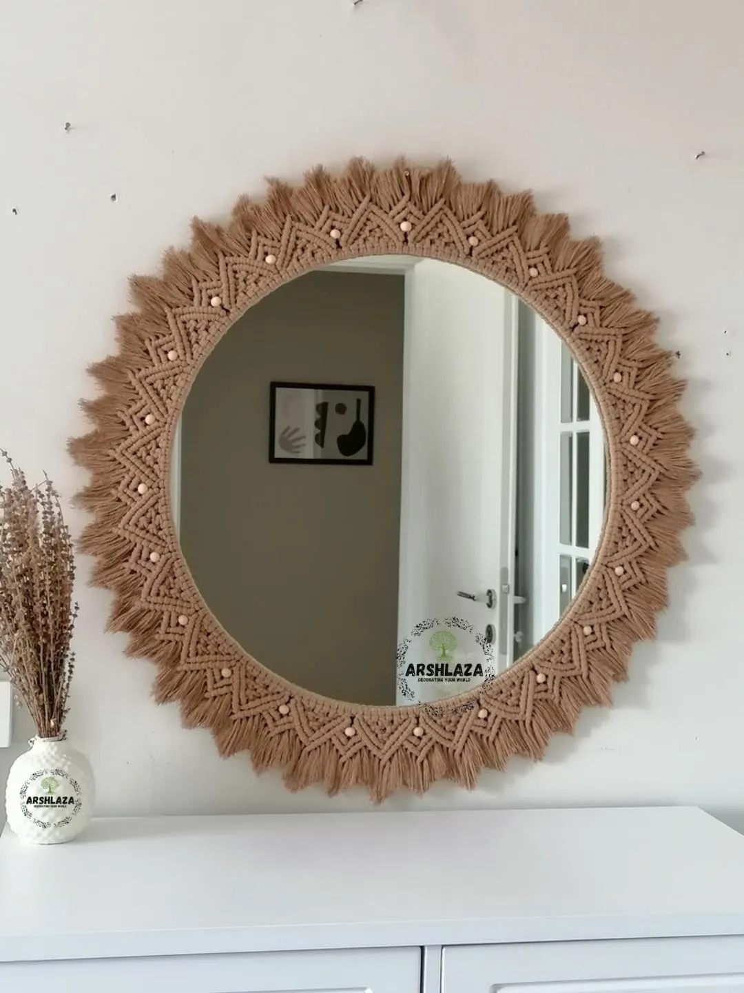ARSHLAZA Macrame Hanging Wall Mirror with Macrame Round Mirror Art Boho Decor Macrame Decorative Mirror [MBRN01] Framed,