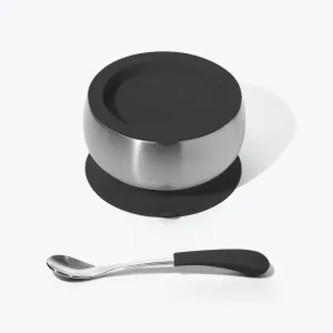 Avanchy Stainless Steel Baby Bowl With Spoon Combo   Air Tight Lid - Black