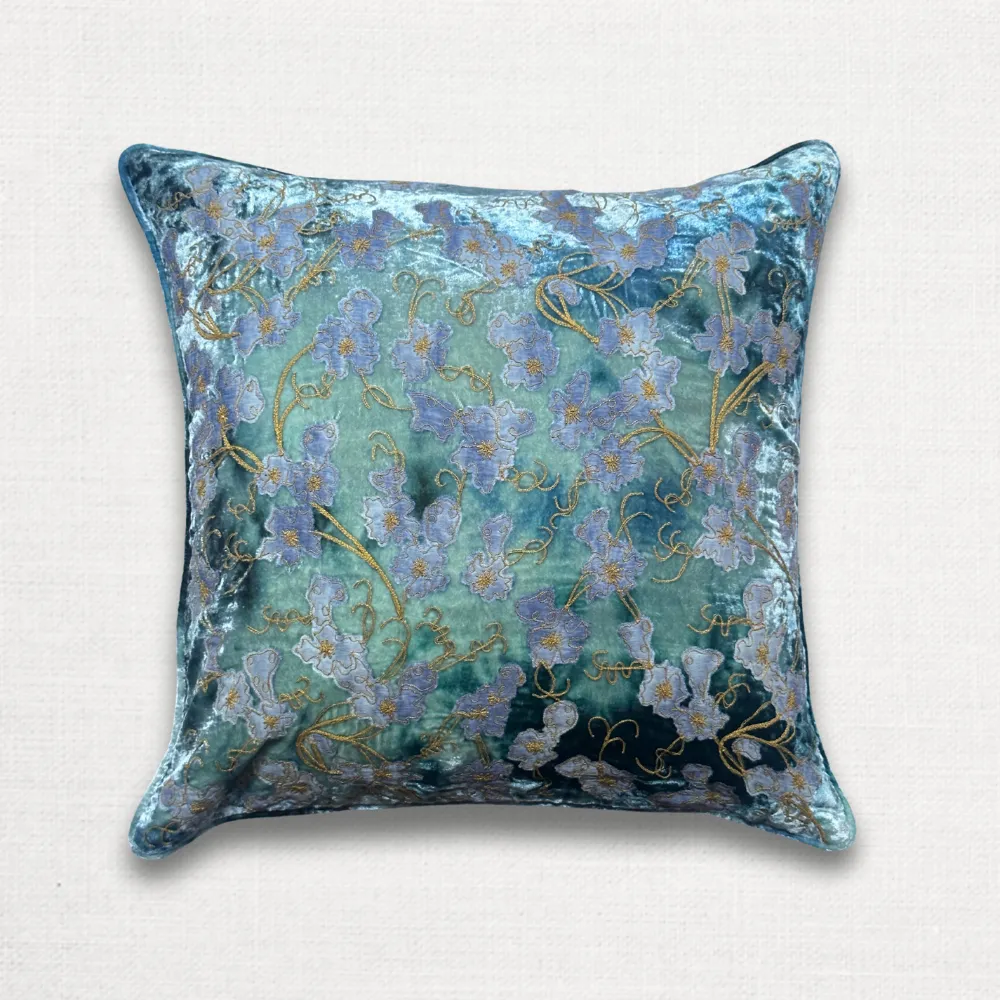Azura Embroidered Silk Velvet Cushion in Shaded Indigo