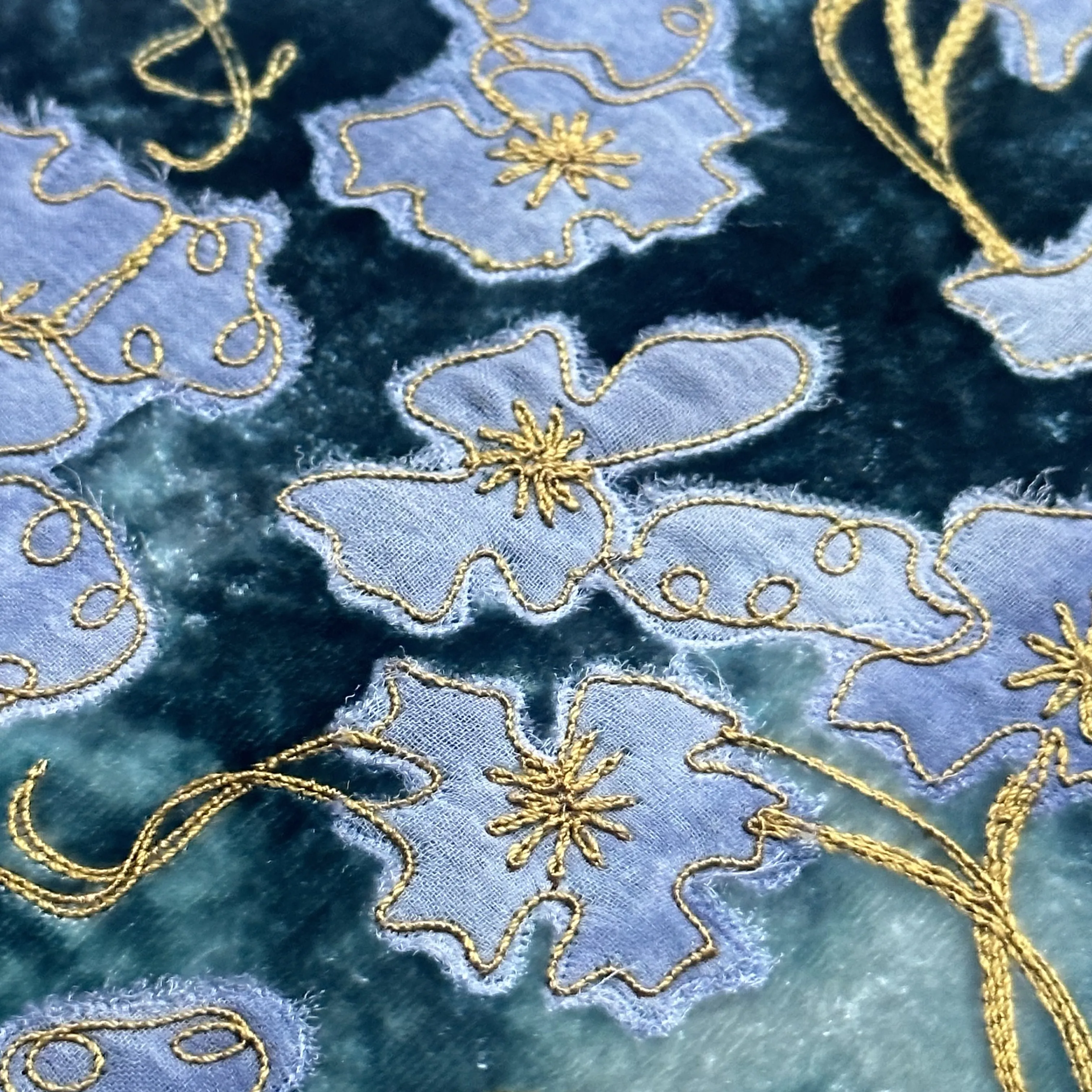 Azura Embroidered Silk Velvet Cushion in Shaded Indigo