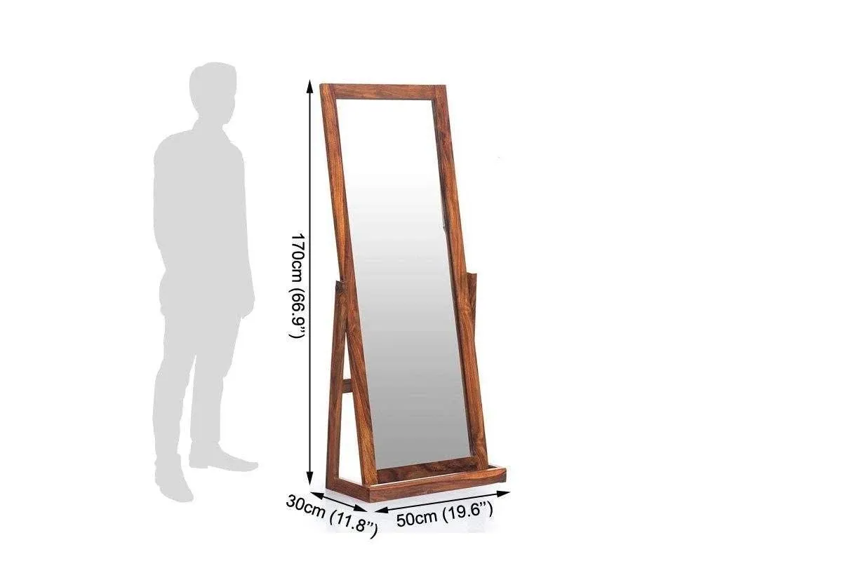 BALAJI FURNITURE Solid Sheesham Wood Tall Dressing Mirror For Bedroom | Wooden Space Saving Long Mirror Dresser | Decorative Unique Cheval Mirror With Stand | Rosewood, Honey, Rectangular, Framed